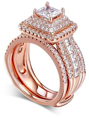 Jeulia 3 PC Enhancer Ring Set for Women 925 Sterling Silver Princess Cut Diamond Engagement Rings Cubic Zirconia Halo Solitaire Wedding Rings Anniversary Promise Rings for Her with Jewelry Box (L 1/2)