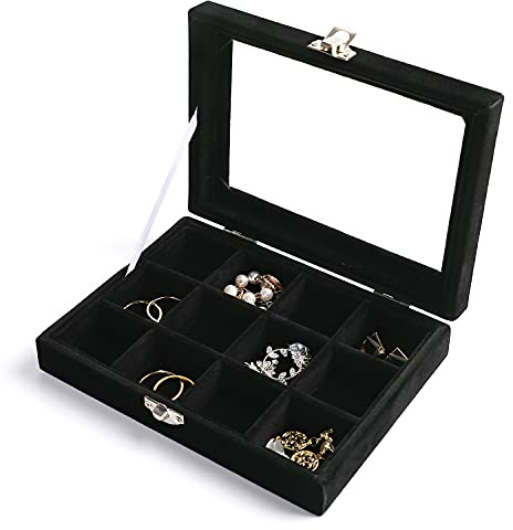 Frebeauty Schmuck-Organizer-Tablett mit transparentem Deckel, Samt-Schubladeneinsatz, Schmuck-Aufbewahrungsbox mit transparentem Deckel, Schmuckvitrine,Geschenk für Frauen (Schwarz, 12 Fächer)