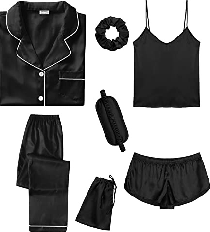 Ensemble de pyjamas SWOMOG pour femmes - 7 pièces en soie satinée, linge de nuit sexy avec chemise à manches courtes et short en satin, Noir , M