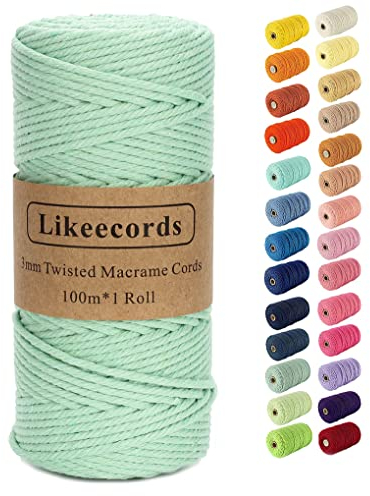Likeecords Makramee-Schnur, 3 mm x 110 Yards, farbiges Makramee-Seil, Baumwollseil, Makramee-Garn, Bunte Baumwollschnur, zum Aufhängen von Pflanzen, zum Basteln, Stricken (hellgrün)