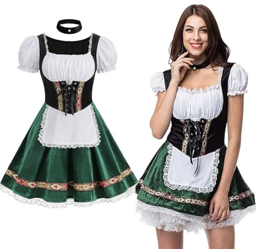 maxToonrain Oktoberfest-outfit för kvinnor, tysk, öl, bayersk, traditionell, kortärmad, sammet, halloween-dräkt, hembiträde, klänning för kvinnor (grön, L)