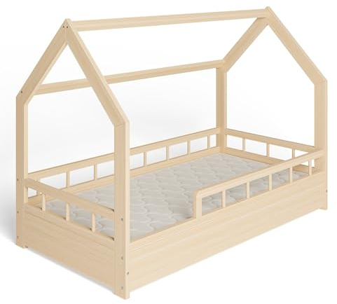ms factory Hausbett mit Matratze Kinderbett 80x160 cm mit Rausfallschutz und Lattenrost - Einzelbett aus Kiefernholz für Mädchen und Junge - Natur Farblos