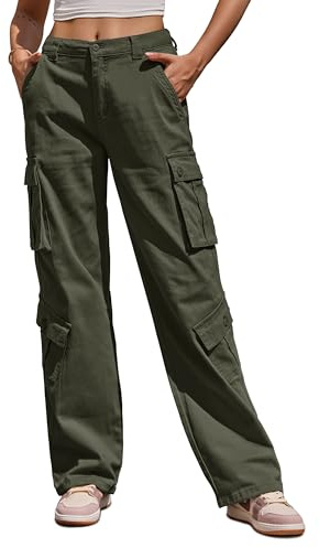 ZMPSIISA Women Pants High Waisted Cargo Pants Combat Military Wide Leg Casual Trousers 8 Pockets(Green,Small)