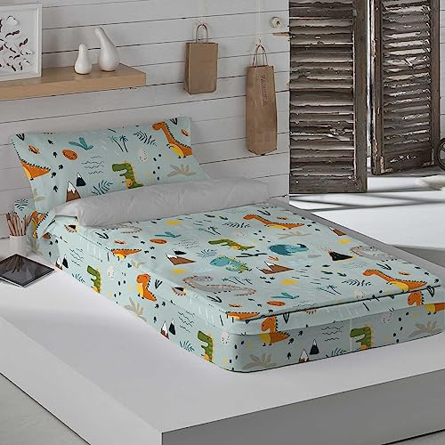 COOL KIDS Saco Nórdico con Relleno Cama 105, 100% Algodón, Juego de Saco Nórdico 105x190/200 cm + Relleno de 300 gr + 1 Funda de Almohada 45x125, Saurus