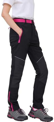 WORK IDEA - Pantalones de senderismo para mujer, material impermeable, corte elástico, calor durante el invierno, cremalleras de contraste, Negro , XL