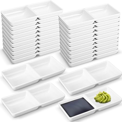 Gejoy Sauce Dish Dual Dipping Bowls Dual Sauce Bowls Soy Two Compartments Party Trays Divided Fondue Plates for Restaurant Kitchen Sushi Soy(White)