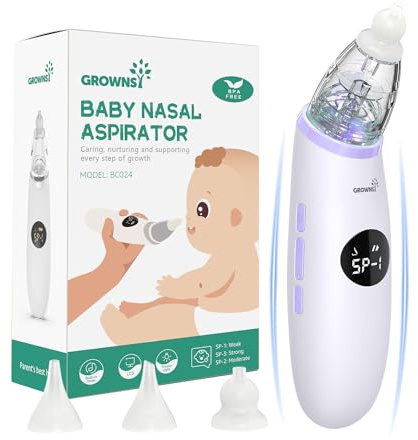 GROWNSY Nasal Aspirator for Baby | Baby Nose Sucker | Electric Nose Suction for Toddler, Ergonomic Booger Sucker with 3 Silicone Tips, Music & Light Soothing Function(Purple)