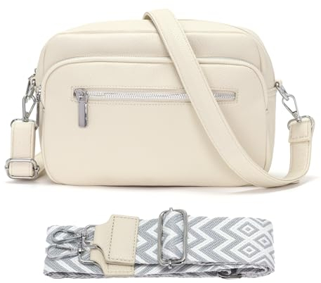 RQJZ 25x20cm Umhängetasche Damen Klein Crossbody Bag Stylish Vegan Leder Schultertaschen Hobo bag Handtasche mit Breitem Gurt für Alltag Beige Weiß