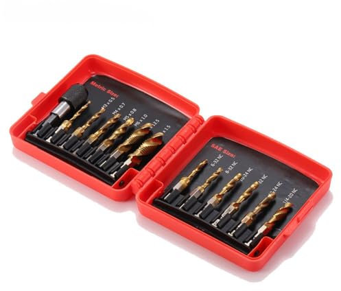 13 PCS Combination Drill and Tap Bit Set, Professional HSS Titanium Thread Tap & Drill Bits in SAE/Metric, 1/4 Hex Shank Quick Change for Drilling, Tapping, Countersinking