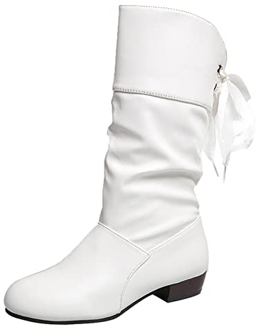 Bottines blanches pour femme avec cordon de serrage plat - Bottes d'hiver pour femme en cuir froncé - Bottines à talon bas pour femme - Bottes de marche imperméables et courtes pour femme, blanc, 41