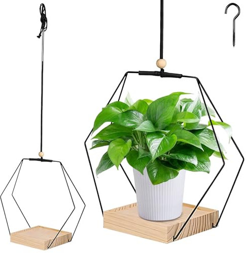 DZAY Blumenampel Hängend Innen,Blumentopf Hängend Hängetopf für Pflanzen,Hängetopf mit Metallring und Holzsockel,Hängender Blumentopf Hängeampel Blumen,Blumenampel Innen Hängepflanzen Topf (Gold)