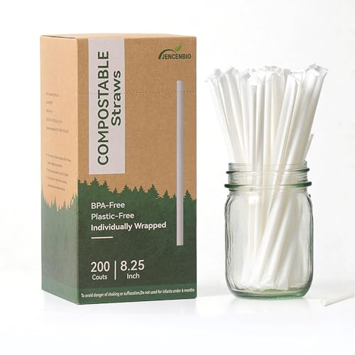 JENCENBIO 200 PCS Individually Wrapped Compostable Straws Compost Disposable Drinking Straw for Party White