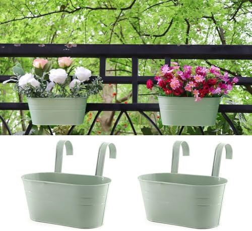 Konom 2pcs Vasi di Fiori da Appendere Vasi di Metallo Esterno Vaso Sospeso Portafiori Pensili con Doppio Gancio Rimovibile per Balcone Recinzione Casa Decorazione