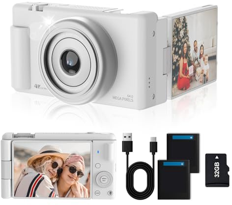 Compact Digital Camera with 270° Flip-Up Screen,Portable Selfie Camera for Photography, 64MP Resolution, 16X Zoom, and 32GB Memory Card