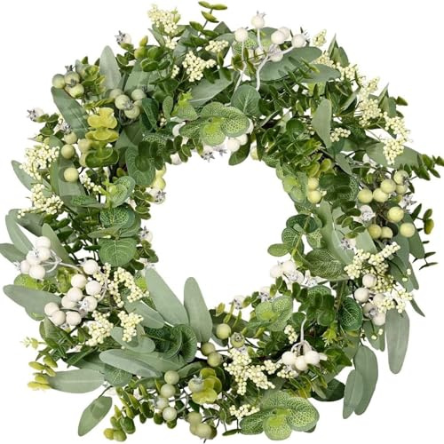 Eukalyptus krans 45 cm vår främre dörrkrans med gröna blad och vita bär konstgjord hängande dörrdekoration för hemmafest bröllop utomhus