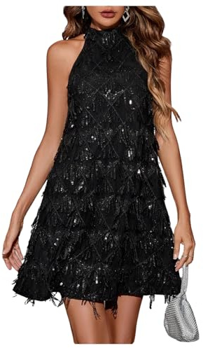 OYOANGLE Women's Sequin Sparkly Cocktail Party Dress Glitter Sleeveless Halter Mini Dress Outfits Clubwear Black XL