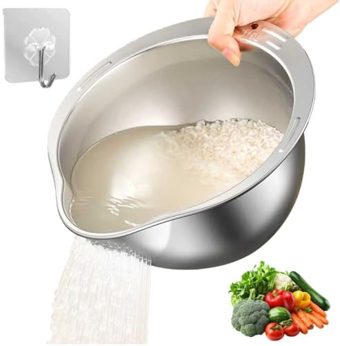 Cuenco de arroz, colador de arroz de acero inoxidable con vertedor, colador de goteo multifuncional para lavar y escurrir quinua, frutas, verduras, cereales, frijoles (plata)