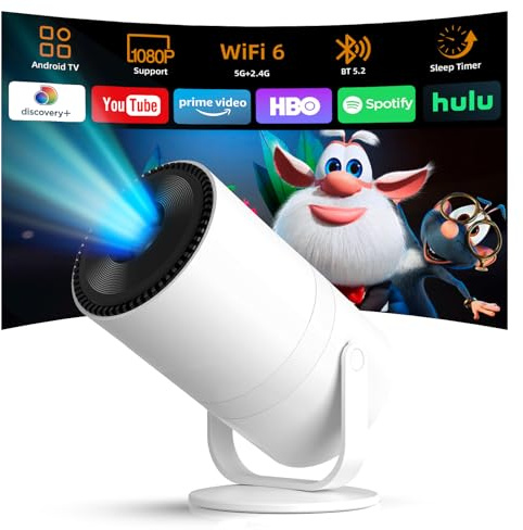 【Android 14 & Built-in Apps】Tecaki Mini Projector with WiFi 6 and Bluetooth 5.2, Portable Projector 180° Rotatable Support 1080P with Auto Keystone for Home Bedroom Compatible with TV Stick/HDMI/USB