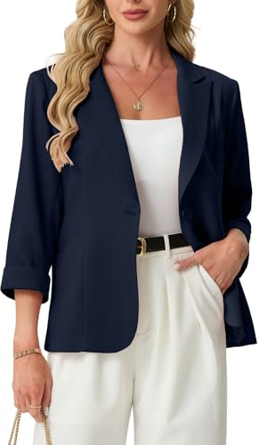 GRECERELLE Blazer élégant à manches 3/4 pour femme - Veste décontractée à revers à visière ouverte sur le devant - Vêtements d'extérieur avec poches à boutons pour femme, bleu marine, 48