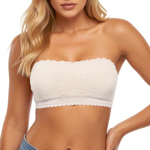 KUOIASY Lace Strapless Bras for Women, Soft Wireless Bandeau Strapless Bras Comfortable Seamless Padded Bralette Bandeau Top with Built in Bra (UK, Alpha, XL, Regular, Regular, White)