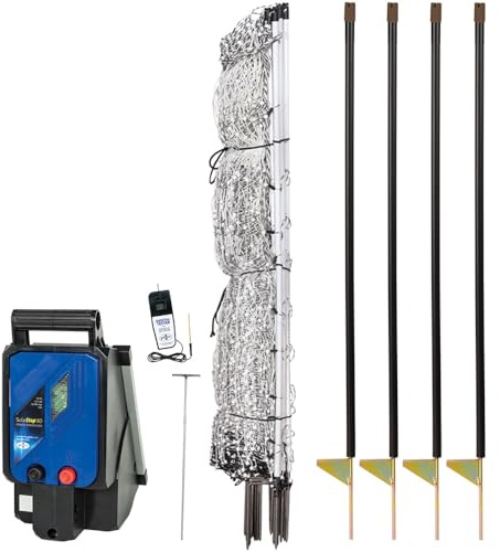 Premier 1 PoultryNet® Plus, 48H x 100'L Electric Fence Starter Kit | Extra Line Posts to Reduce Sag | Includes: Solar Energizer, FiberTuff™ Support Posts and Tester | White/Black