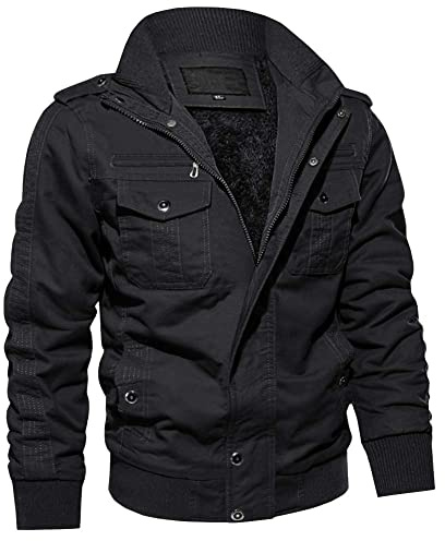 MAGCOMSEN Veste Mi-Saison Homme - Doublure en Polaire, Col Montant Coupe-Vent, Veste Armée Américaine Cargo, Tactique avec Fermeture Éclair Black 3XL
