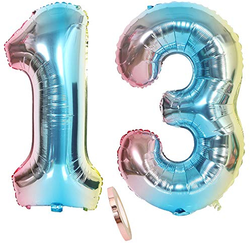 2 Numero di Palloncini 13, Numeri 13 Anni Compleanno Decorazioni Arcobaleno Blu Bambina Ragazzo,Colorati Blue 40 Gigante Foil Elio Palloncino Gonfiabile Balloons Happy Birthday Festa (XXXL 80cm)