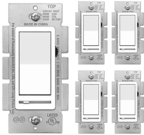 BESTTEN 5 Pack Dimmer Light Switch, Single Pole or 3-Way, Compatible with Dimmable LED, CFL, Incandescent and Halogen Bulb, LED Slide Dimmer Switch, Neutral Wire Not Required, 120VAC, UL Listed, White