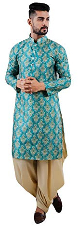 Elina fashion Men's Indian Satin Cotton Kurta Dhoti Set Tunic Traditional Wear, Teal, M