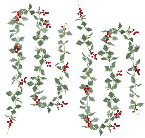 2Pcs 7.87ft Red Berry Christmas Garland with Green Leaves Wired Artificial Holly Berry Garland Xmas Decorations for Indoor Outdoor Fireplace Mantle Stairs Table Winter New Year Holiday Decor