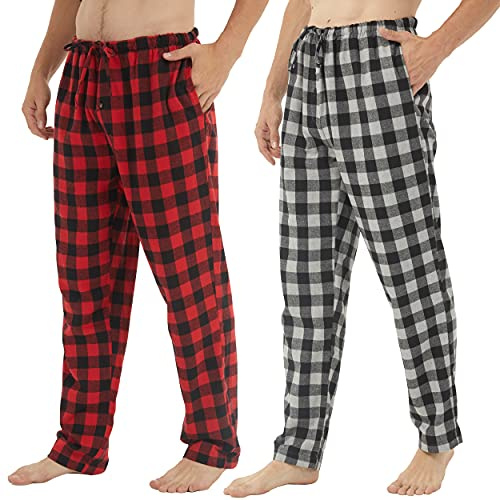 Confezione da 2 pantaloni da pigiama da uomo in cotone flanella morbido pigiama da uomo a quadretti Pj Bottoms Lounge pigiama con bottoni e tasche, M