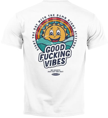 Neverless® Backprint Tshirt Herren Good Vibes Schriftzug Sommer Sonne Retro Vintage Printshirt mit Brustlogo Fashion Streetstyle weiß L