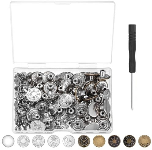 55 Stk Jeans Knöpfe ohne Nähen, Ø 17mm Hosenknopf, Jeansknöpfe zum Schrauben, Hosen Ersatz Knöpfe, Ersatz Metall Hosenknöpfe, Verstellbare Druckknöpfe für DIY Kleidung Jeans Taschen Hosen Knöpfe