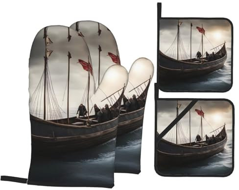 Chrycm Vikings Boat Oven Mitts and Pot Holders Sets,Kitchen Oven Gloves Microwave,BBQ-Heat Resistance