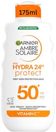 Garnier Ambre Solaire Sun Cream SPF 50+ Hydra 24 Hour Protect High protection UVB & UVA Hydrating Sun lotion, Enriched with Vitamin C, Water Resistant Sunscreen, Non greasy, Fast Absorbsion, 175ml