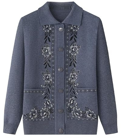 KIJSKKOPO Rebeca Mujer Invierno,Suéteres De Punto para Ancianos, Solapa Verde Oscuro, Manga Larga, Jacquard Floral, Perforación En Caliente, Abrigo De Punto con Bolsillo, Prendas De Vestir Exterio