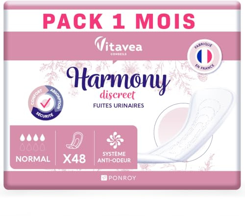 60 Serviettes Hygiéniques Incontinence Femme - Protection Urinaire Femme - Serviette Post Accouchement - Absorbante & Anti-Odeur - Fabriqué en France - 4 Gouttes - Pack 1 mois - Harmony Discreet