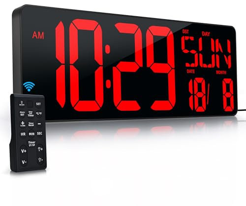Large Digital Wall Clock with Remote Control 17.2 LED Large Display Timer with Temperature Date Week Auto DST Adjustable Brightness, Big Wall Alarm Clock for Living Room Office Garage Gym Seniors
