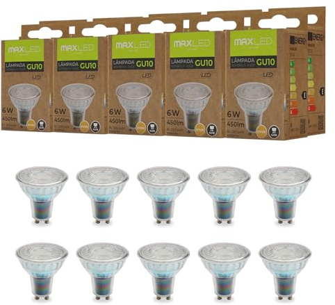 Maxled, Light is Led! 10 Unidades Bombilla LED GU10 6W Equivalente a 60W 450LM Blanca Cálida 2700K Larga Duración Bajo Consumo Aptas para Iluminación de Carril Casas Empotradas CA 230V No Regulable