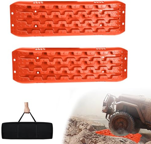 UISEBRT 2 Stück Offroad Tracks Traction Mats Anfahrhilfe Schlamm Sand Schnee Recovery Board, Reifenleiter Traktionshilfe mit Aufbewahrungstasche für Geländewagen Wohnmobil PKW LKW, Orange