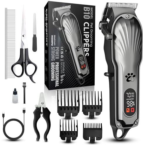 Hundeschermaschine Profi für Dichtes Fell, Schermaschine Hund, Tierhaarschneidemaschine mit LED-Anzeige Kabellos & Leise, für Lange/Dicke/Feine/Lockige/Gewelltes Fell
