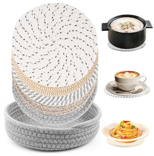 AKONE Sottopentola resistente al calore, 5 sottobicchieri in cotone, 18 cm, rotondi, sottopentola con cestello, per cucina, ciotola, padella, piattino