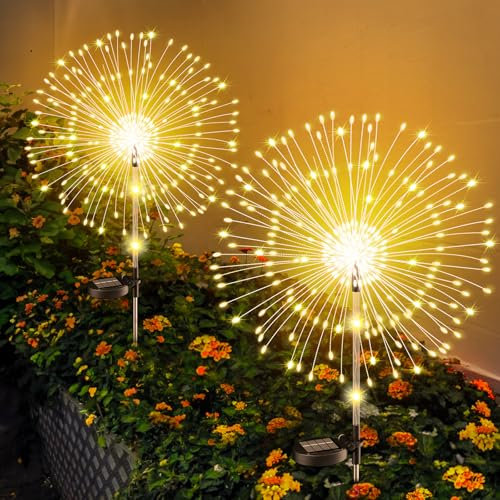 FIFlying 2 lámparas solares para exterior jardín 120 LED luz de fuegos artificiales, enchufe solar de diente de león, luces de jardín, IP65, luces solares para patio, césped, decoración festiva