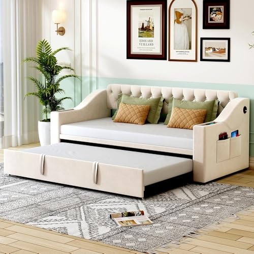 Sweiko Canapé-lit rembourré 90/180 * 190 cm, Cadre Adulte avec accoudoirs Extra-Larges et épais (avec Prise USB), Lit avec Sac de Rangement Sommier à Lattes(sans Matelas) (Beige)