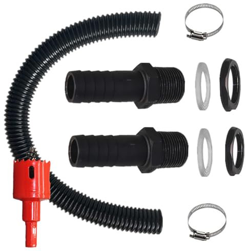 BCENG Tuyau de raccordement pour collecteur de pluie - 2 articulations - 25 mm - Tuyau de 0,5 m - Ouvre-trou - Collier de serrage - Kit de raccordement pour tonneau de pluie - Réservoir d'eau de pluie