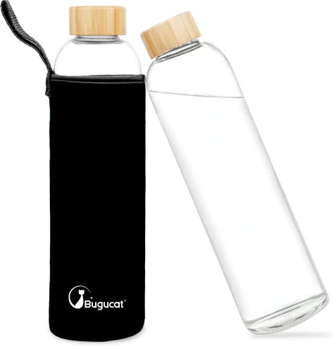 Bugucat Borraccia in vetro da 1 l, con custodia, in vetro borosilicato, caraffa per frullati, succhi di frutta, acqua e bevande, colore nero