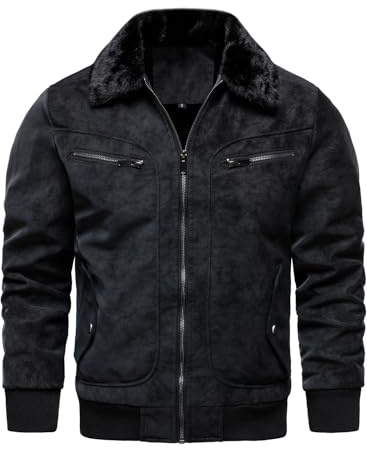 HOOD CREW Herren Kunstpelz Bomberjacke Fleece Gefütterte Winterjacke Vintage Kunstleder Jacke Mit Pelzkragen