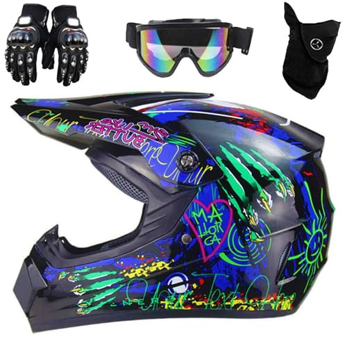 Casco Per ATV Per Bambini Omologato DOT con Visiera, Per Moto da Cross Elettrica Per Bambini Dagli 8 Ai 14 Anni, Casco Per Moto da Cross Per Ragazzi con Occhiali, Guanti E Maschera(905 Asian claw Q,M(