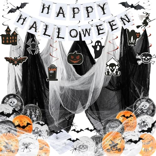 Betensh Halloween Deko Innen, Halloween Banner, Spinnenweben Deko, 1.5 x 2 m Schwarze Gaze,Spiralen Deckendeko, Fledermaus Deko, Gruselige Luftballons, Helloween Dekoration Gruselig Party