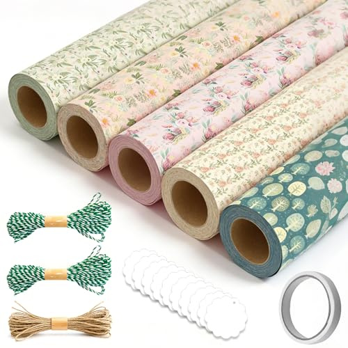 Juego de papel de regalo, 10 hojas de papel de regalo de cumpleaños con cuerda de cáñamo, cinta adhesiva de doble cara y colgante de papel kraft, papel de regalo, flores vintage para bodas, despedidas